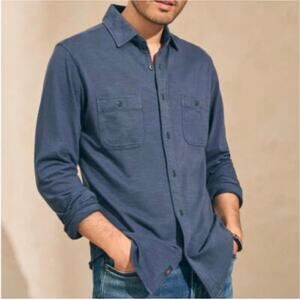 Faherty Organic Cotton Knit Button Down Shirt Blue Workwear Style Men’s Large